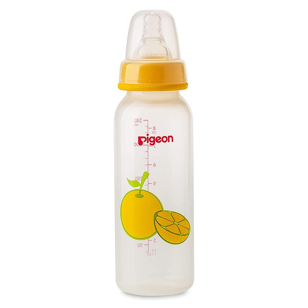 Pigeon, Decorated plastic feeding bottle, Fruit design with slim neck for easy feeding, 240 ml