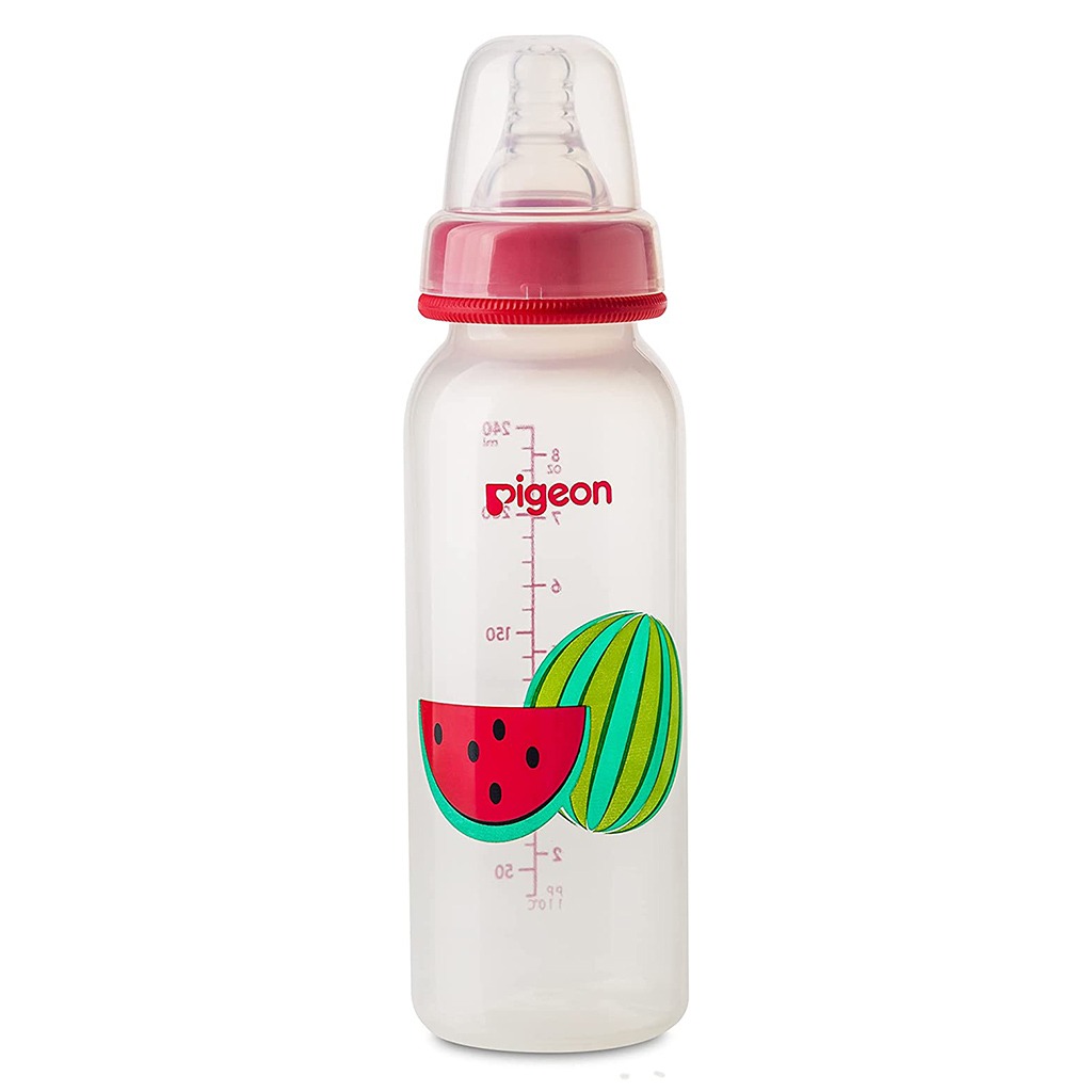 Pigeon, Decorated plastic feeding bottle, Fruit design with slim neck for easy feeding, 240 ml