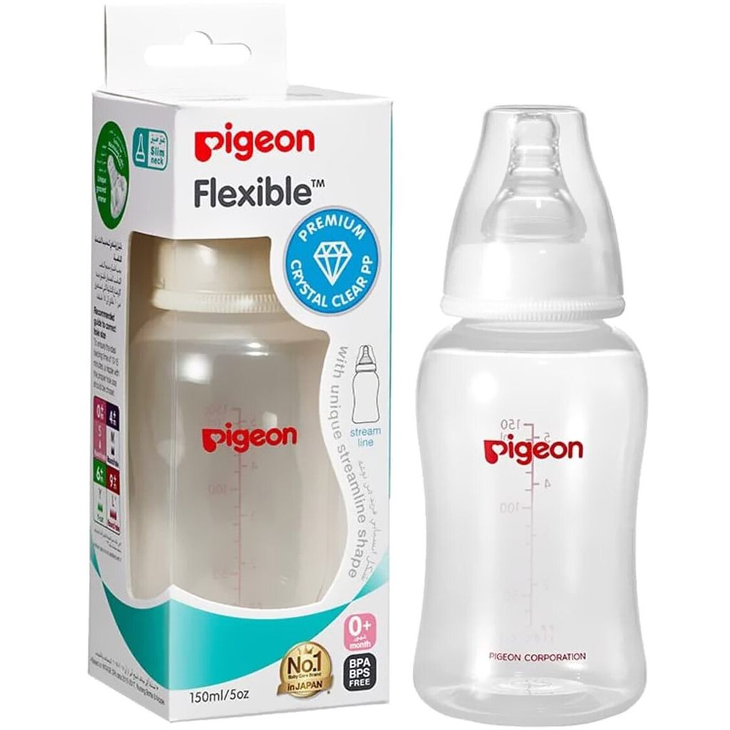 Pigeon, Flexible streamline shape feeding bottle, Ergonomic bottle with anti-colic nipple, 150 ml