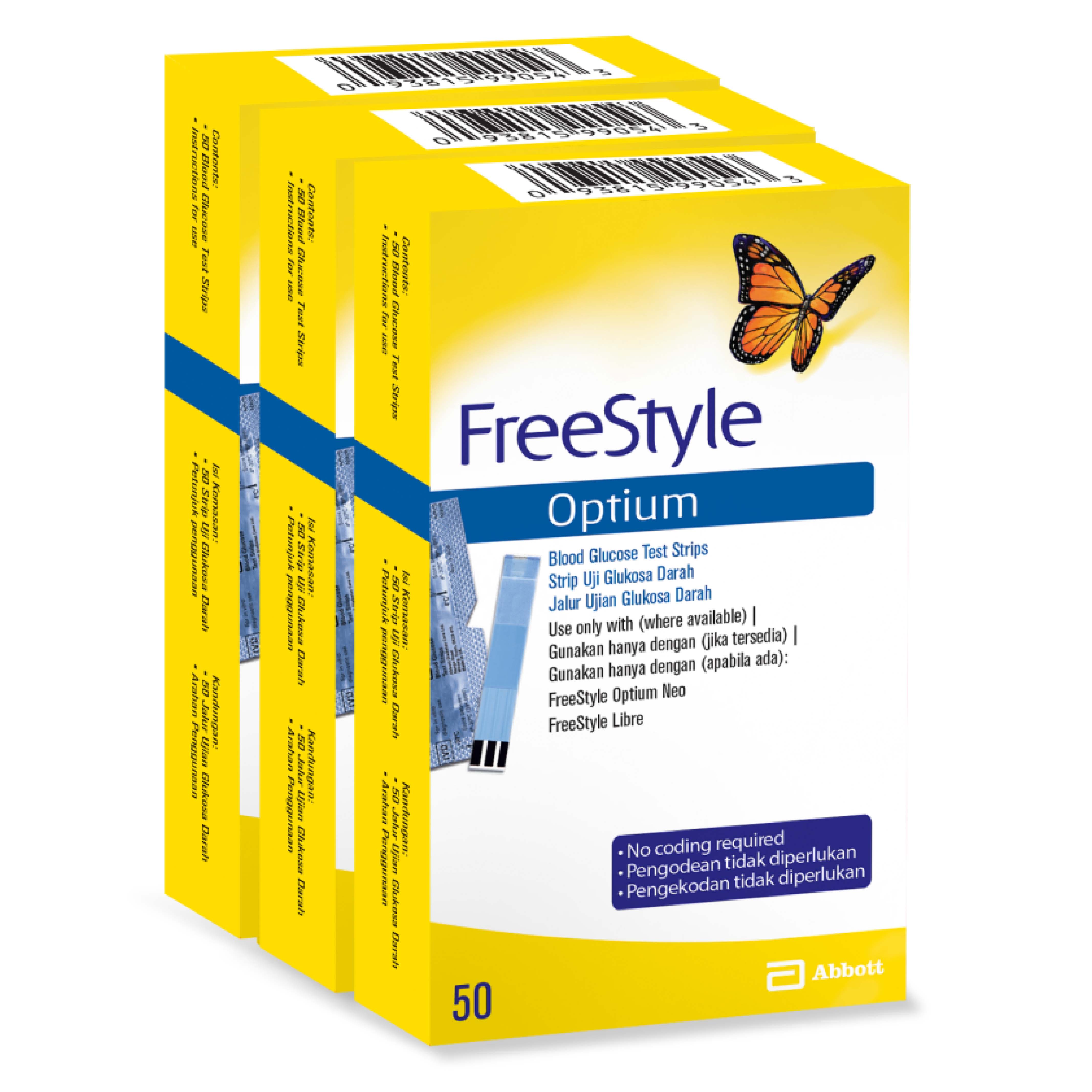 Freestyle, Optium Test Strips, Blood glucose test strips for Optium meter, Pack of strips
