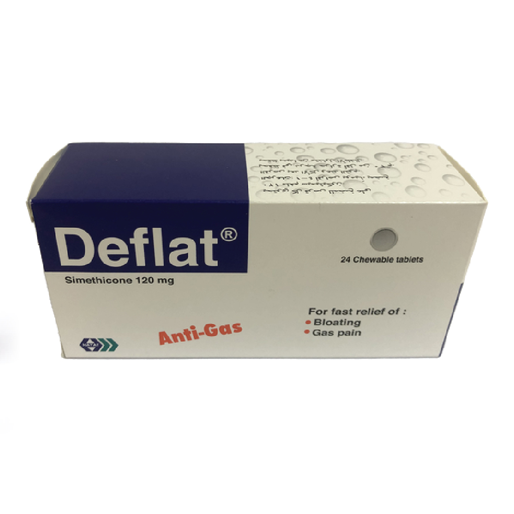 Deflat, Simethicone chewable tablets, Relieves gas and bloating discomfort, 120 mg