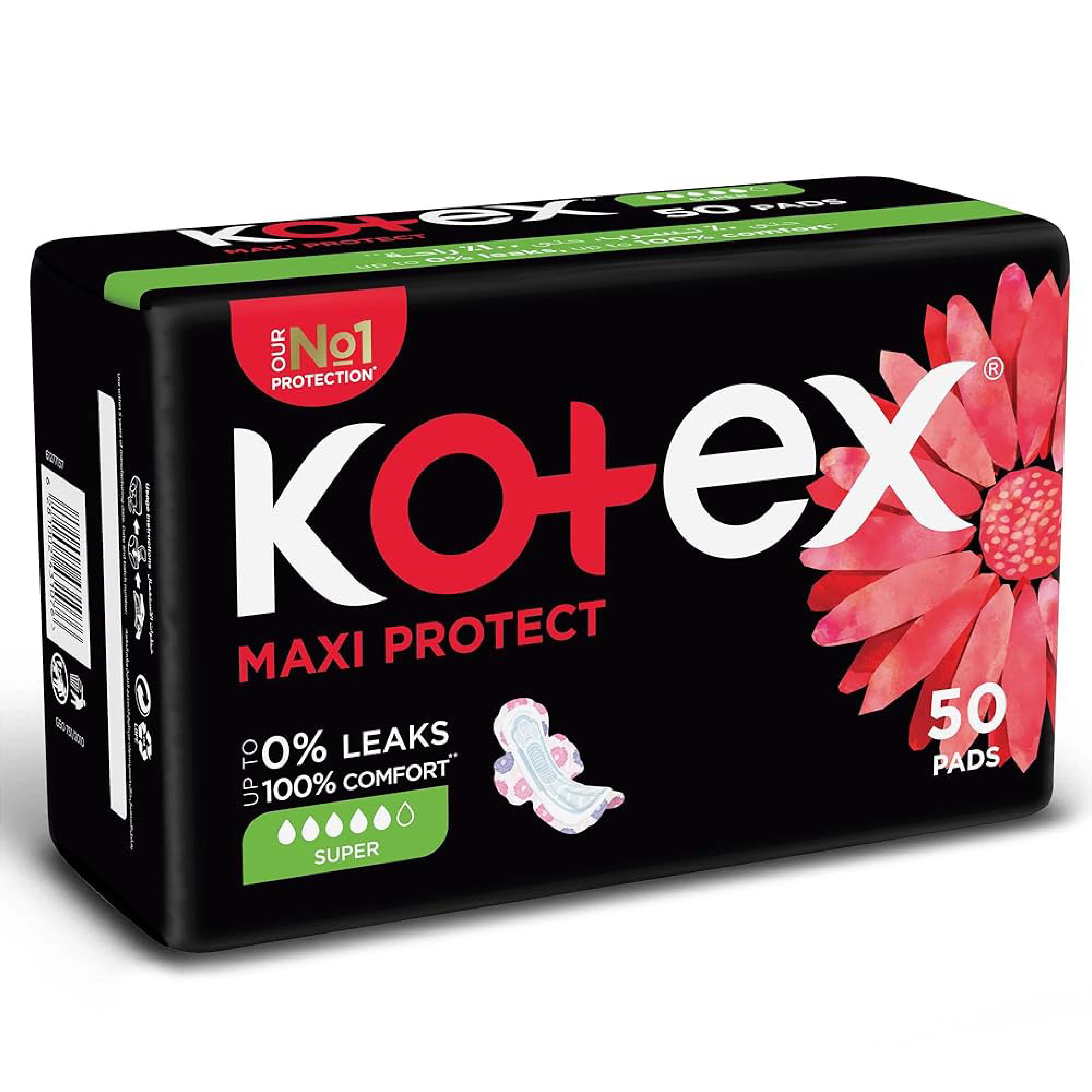Kotex, Maxi Super Sanitary Pads, High absorbency sanitary pads for heavy flow, Standard size