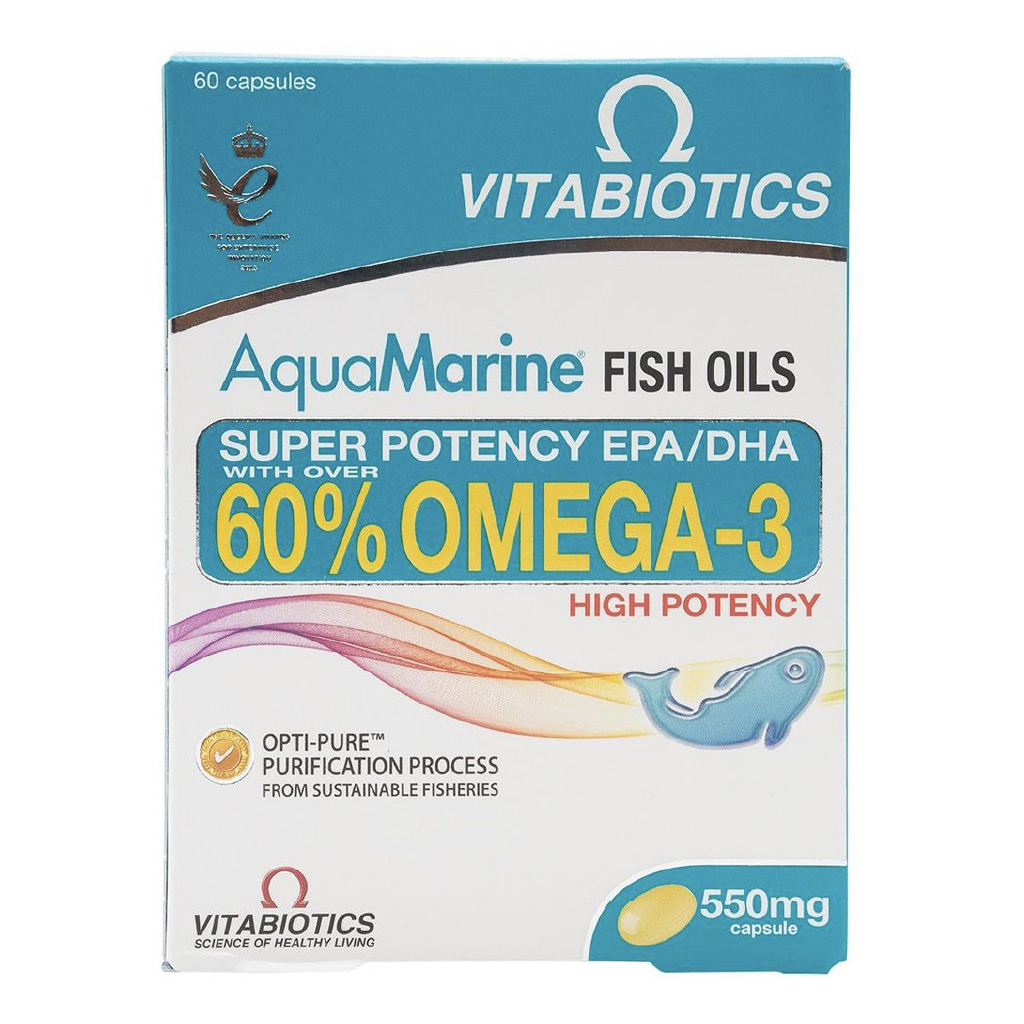 Vitabiotics Aquamarine, Omega-3 Fish Oil capsules, Supports heart health and brain function, 60 capsules