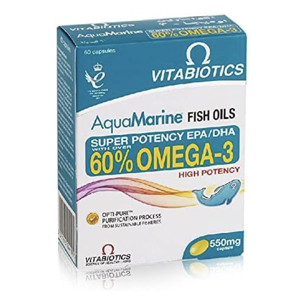 Vitabiotics Aquamarine, Omega-3 Fish Oil capsules, Supports heart health and brain function, 60 capsules
