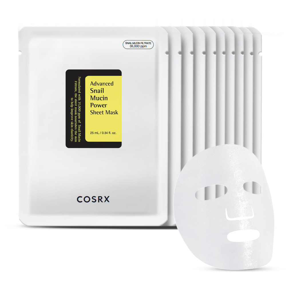 Cosrex, Advanced Snail Mucin Power Sheet Mask, Hydrating and repairing facial sheet mask, 10 sheets