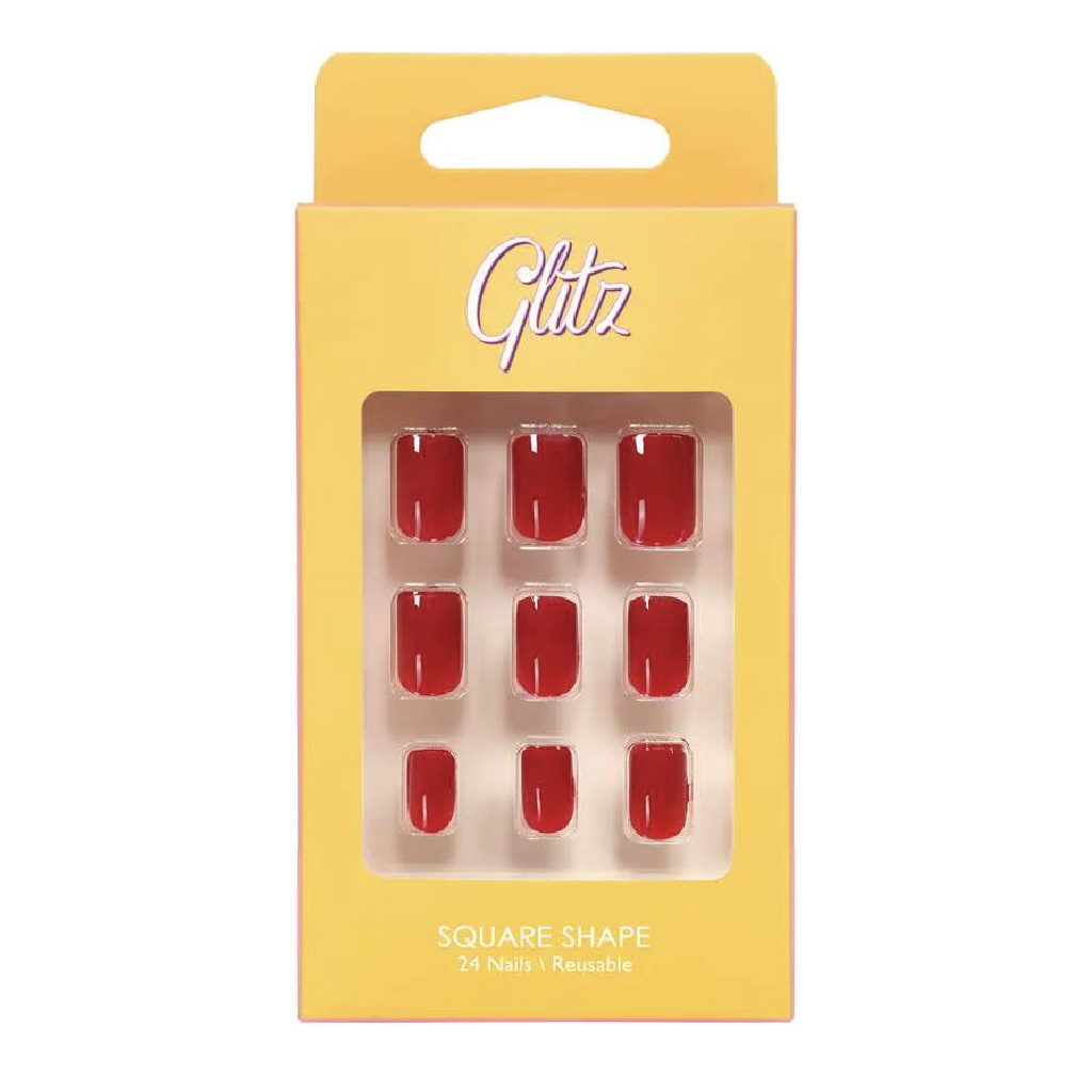 Glitz Press On Nails Square Red #1