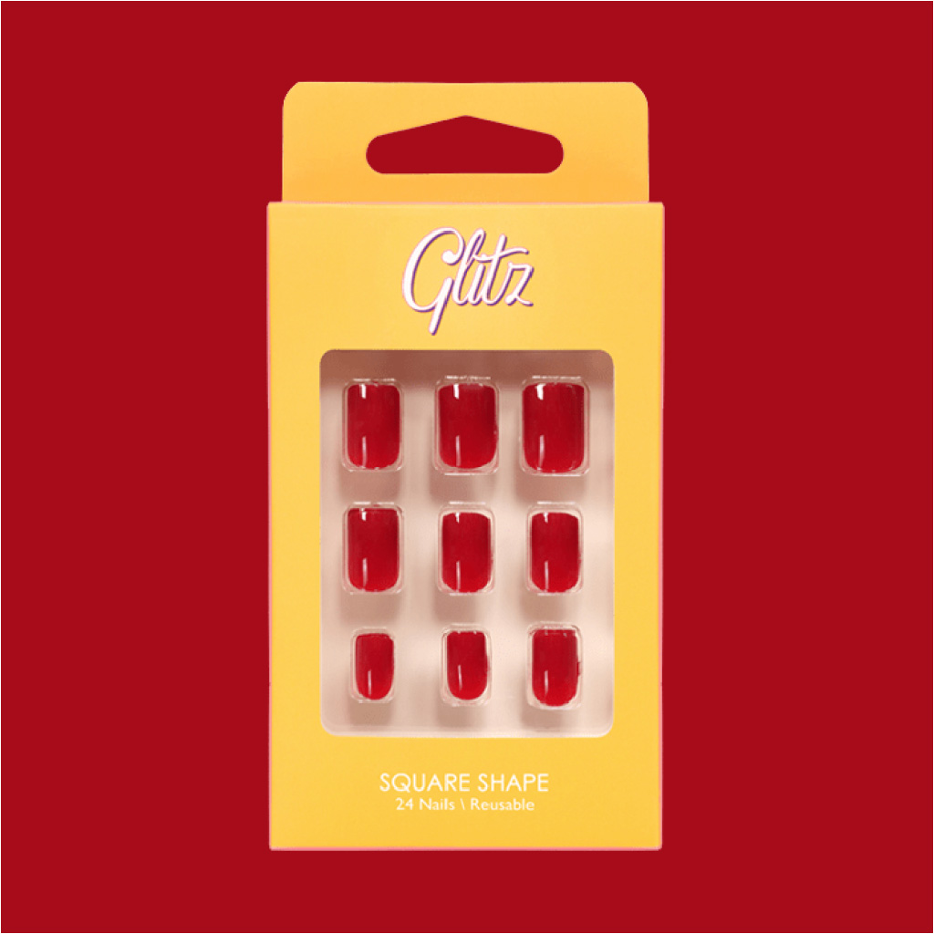 Glitz Press On Nails Square Red #1