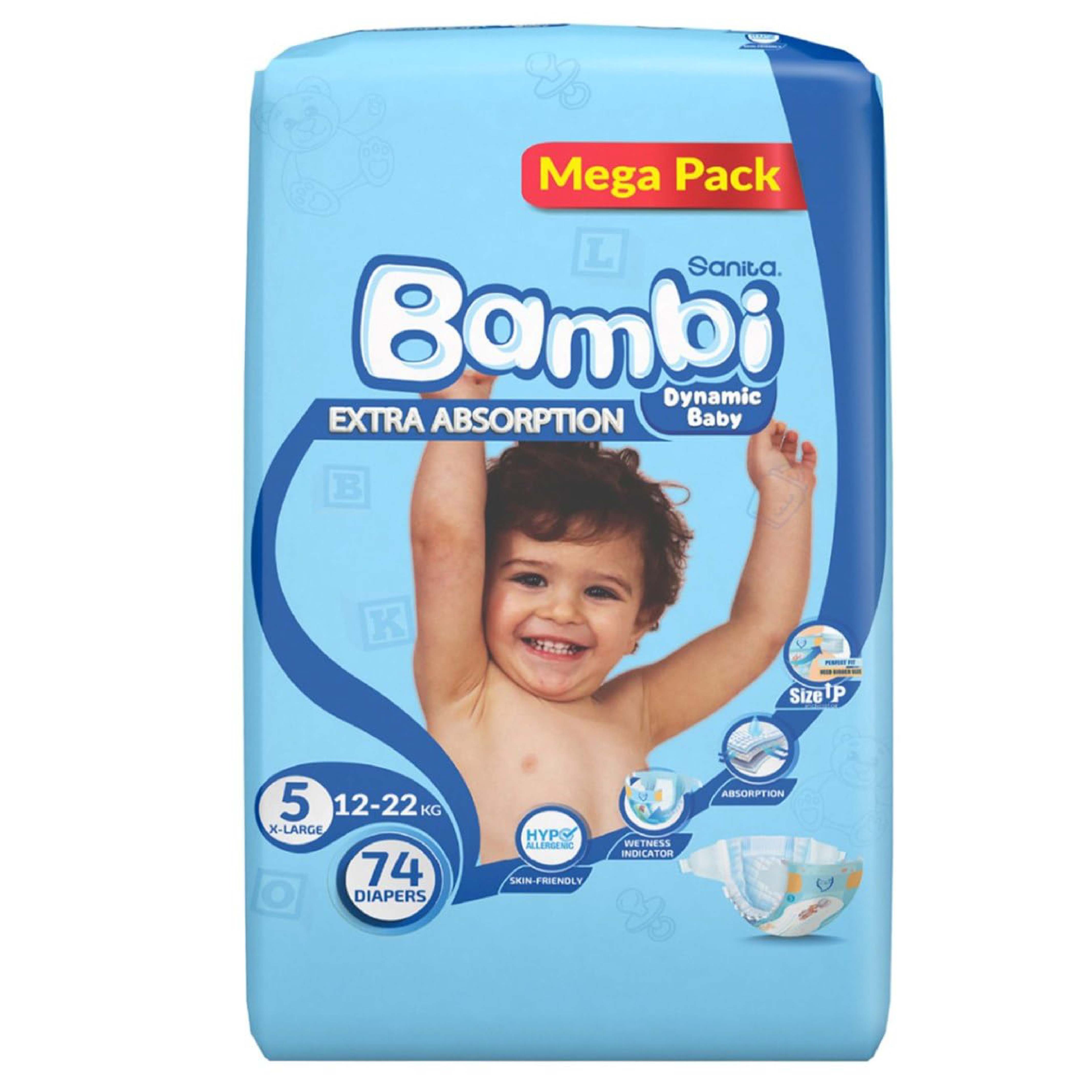 Bambi, XL Mega Baby Diapers, Extra large size diapers for babies, 74 pieces