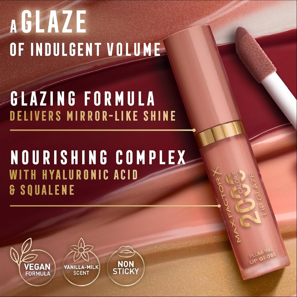 Max Factor, 2000 Calorie Lip Glaze 150 Caramel Swish, High-shine moisturizing lip gloss, 5.5 ml — typical gloss size