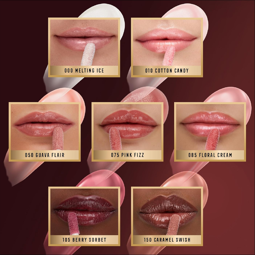 Max Factor, 2000 Calorie Lip Glaze 150 Caramel Swish, High-shine moisturizing lip gloss, 5.5 ml — typical gloss size