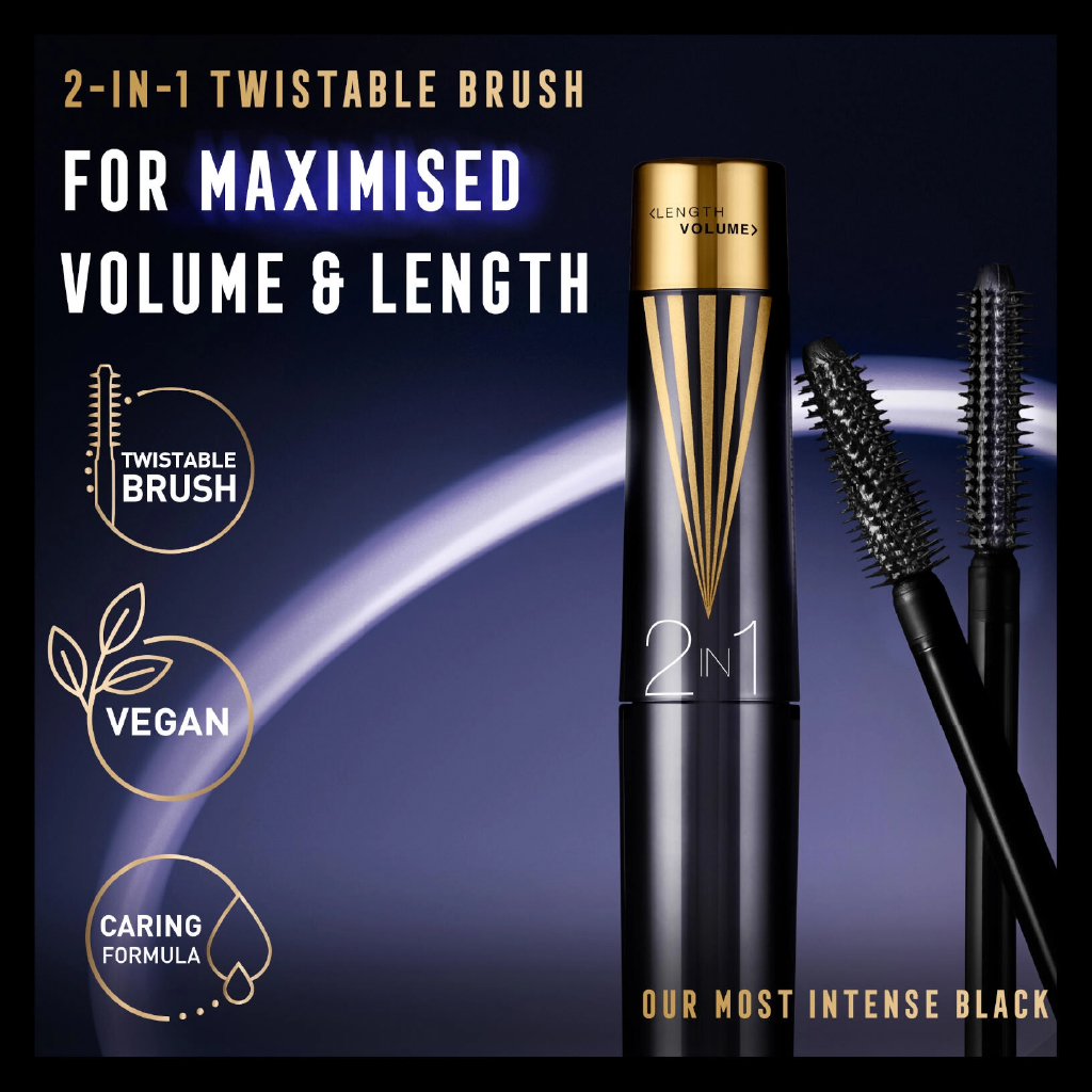 Max Factor, Mascara Lashes 2in1 Shade Extension, Volumizing and lengthening mascara, midnight black