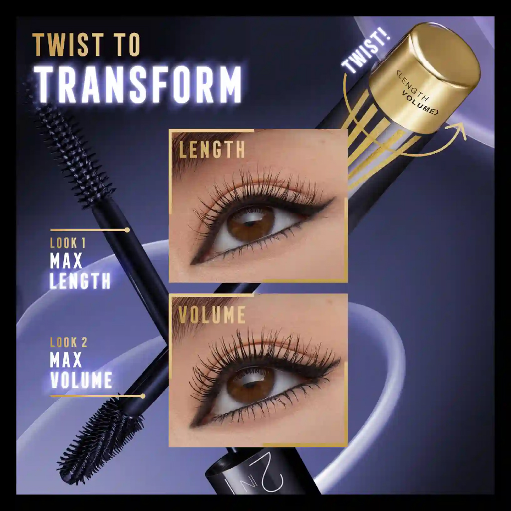 Max Factor, Mascara Lashes 2in1 Shade Extension, Volumizing and lengthening mascara, midnight black