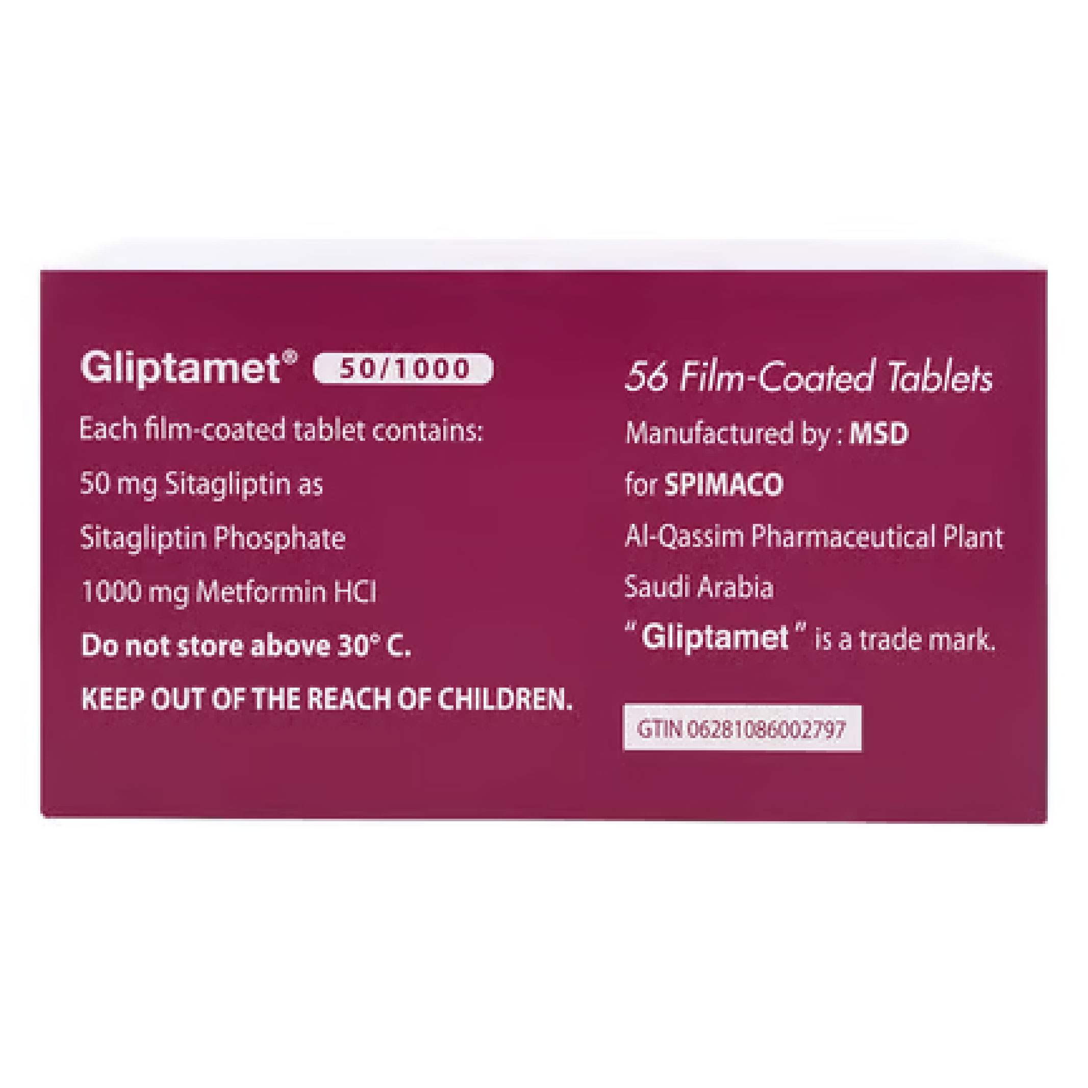 Gliptamet, 1000/50mg Antidiabetic Combination Tablets, Combination therapy for type 2 diabetes, 56 tablets