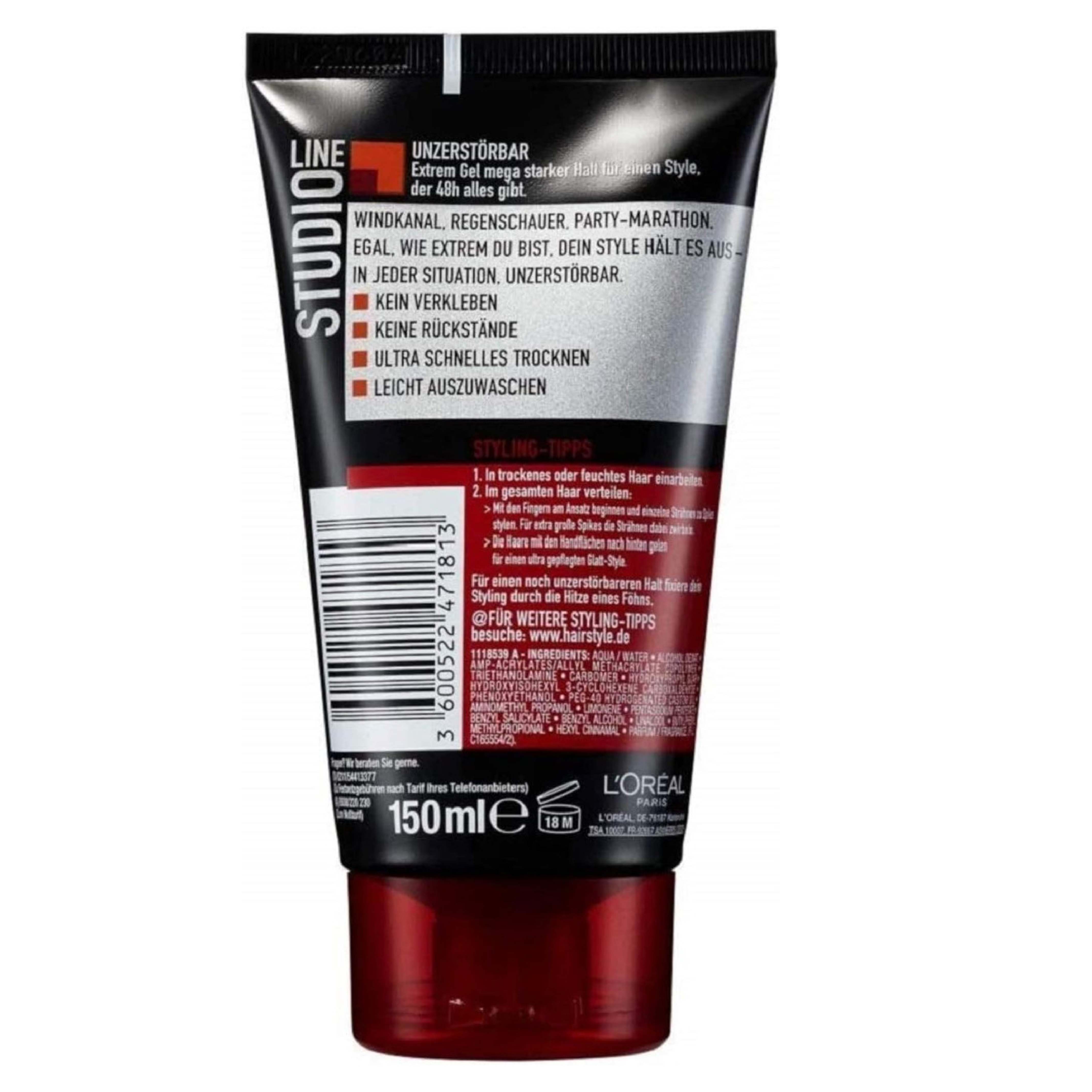 L’Oréal, Studio Line Gel Tube Xtreme, Strong hold styling gel for extreme hair control, Standard size