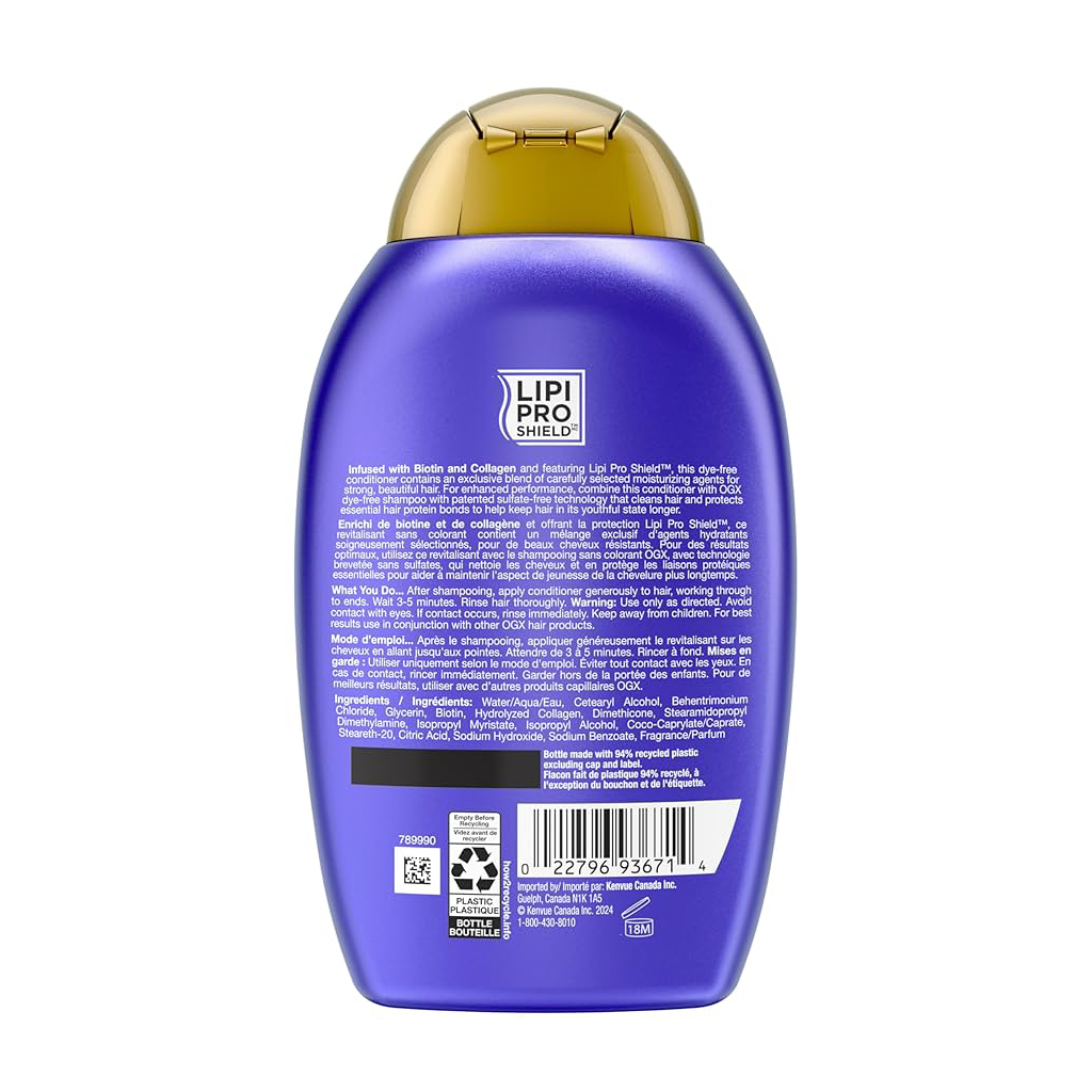 OGX, Biotin & Collagen Conditioner, Volumizing conditioner for thicker stronger hair, 385 ml