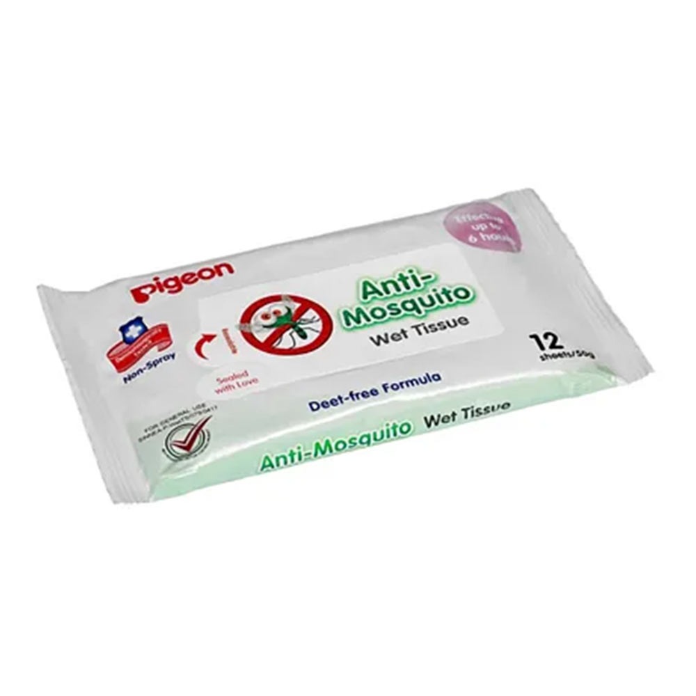 Pigeon, Anti-Mosquito Wet Tissues, Insect repellent wipes for baby skin protection, 12 pieces
