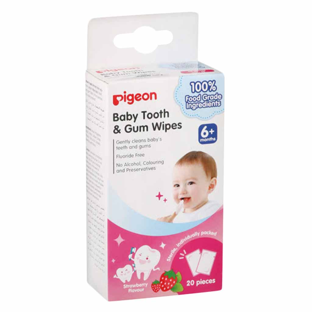 Pigeon, Strawberry Baby Tooth and Gum Wipes 6 Months, Gentle oral wipes for babies, 20 pieces