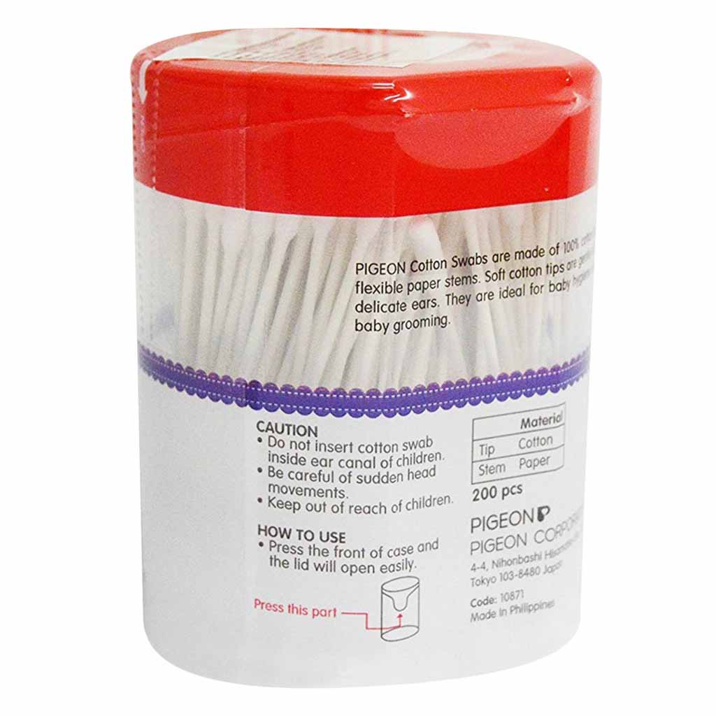 Pigeon, Cotton Swabs Thin Stem Hinged Case, Soft cotton swabs for personal hygiene, 200 pieces