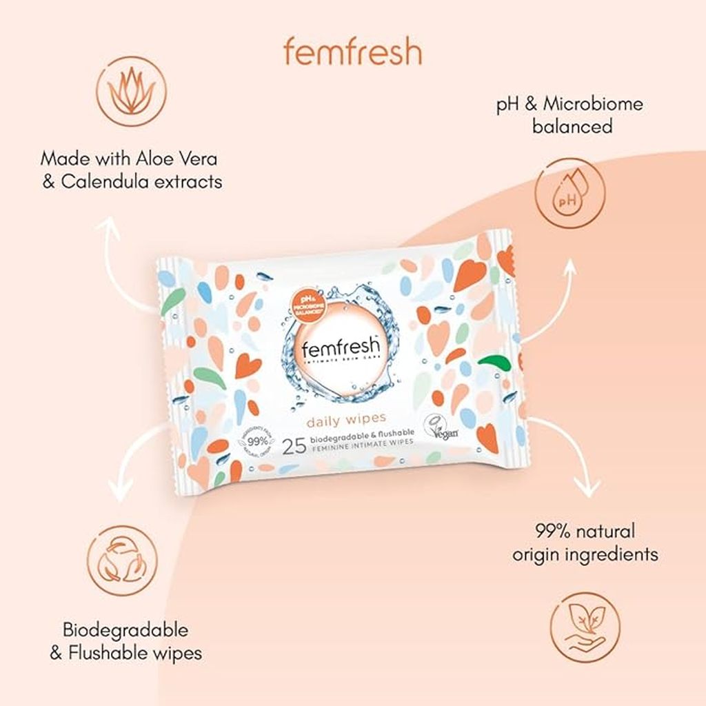 Femfresh, Freshening and soothing wipes, Gentle intimate wipes for daily freshness and comfort, 25 s