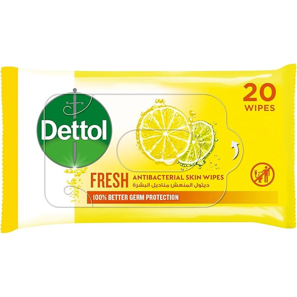 Dettol, Fresh Antibacterial Skin Wipes Lemon, Antibacterial skin wipes with refreshing lemon scent, 20 wipes