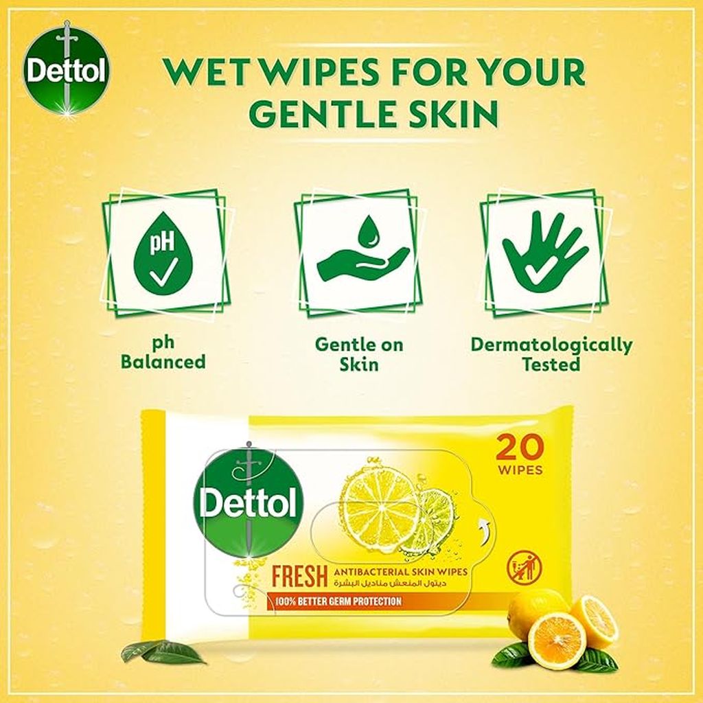 Dettol, Fresh Antibacterial Skin Wipes Lemon, Antibacterial skin wipes with refreshing lemon scent, 20 wipes