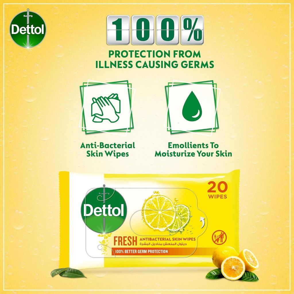 Dettol, Fresh Antibacterial Skin Wipes Lemon, Antibacterial skin wipes with refreshing lemon scent, 20 wipes