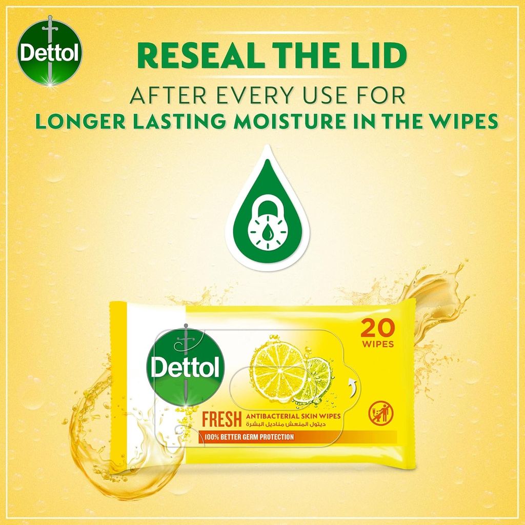 Dettol, Fresh Antibacterial Skin Wipes Lemon, Antibacterial skin wipes with refreshing lemon scent, 20 wipes