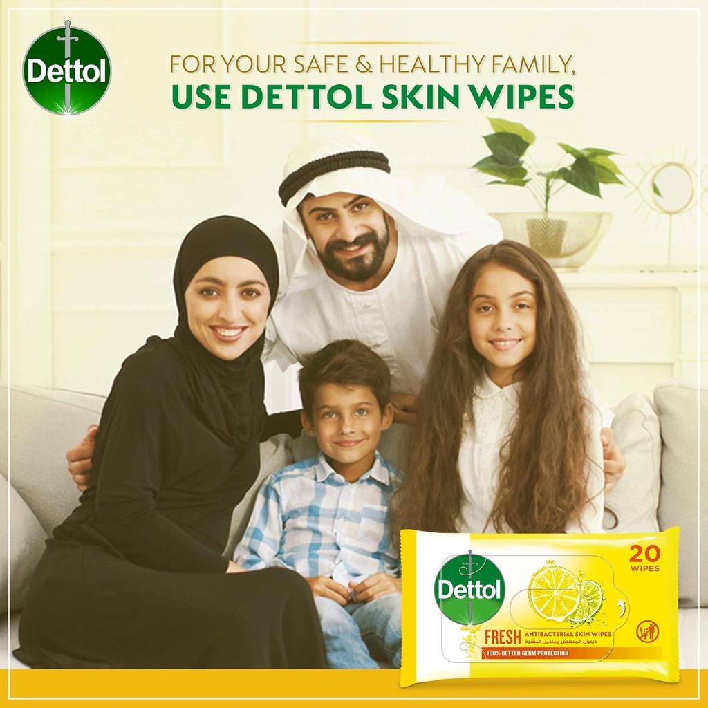 Dettol, Fresh Antibacterial Skin Wipes Lemon, Antibacterial skin wipes with refreshing lemon scent, 20 wipes