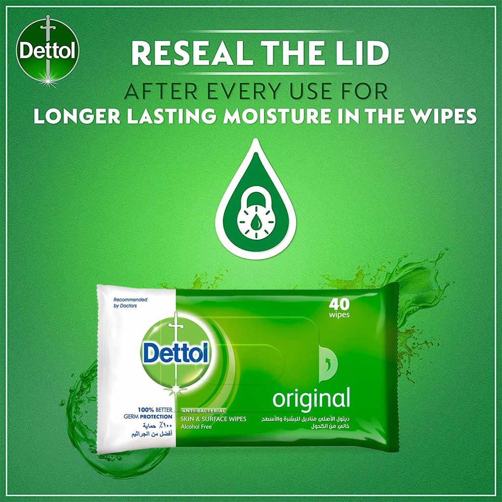 Dettol, Multi-Use Skin and Surface Wipes Original, Antibacterial wipes for skin and surfaces, 40 wipes