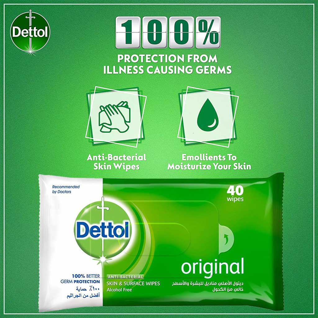 Dettol, Multi-Use Skin and Surface Wipes Original, Antibacterial wipes for skin and surfaces, 40 wipes