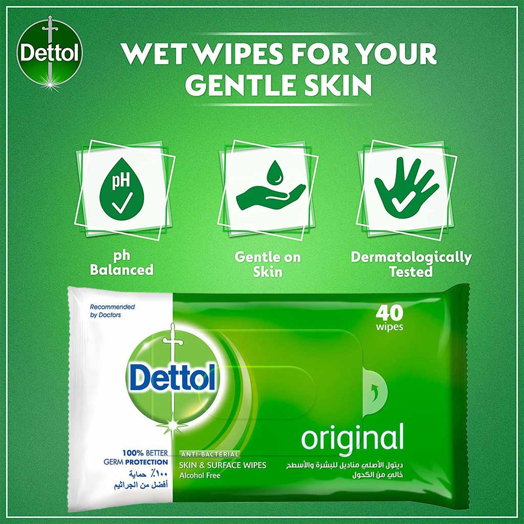 Dettol, Multi-Use Skin and Surface Wipes Original, Antibacterial wipes for skin and surfaces, 40 wipes