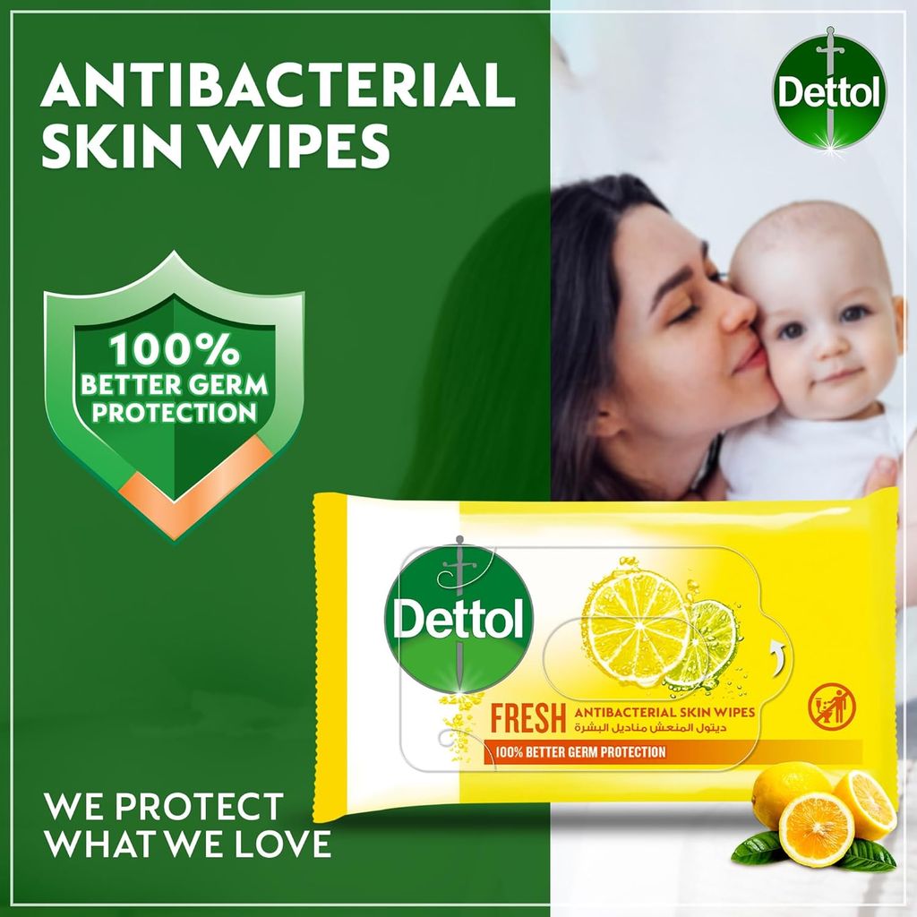 Dettol, Anti-Bacterial Skin Wipes Fresh, Gentle antibacterial wipes for fresh skin, 40 wipes