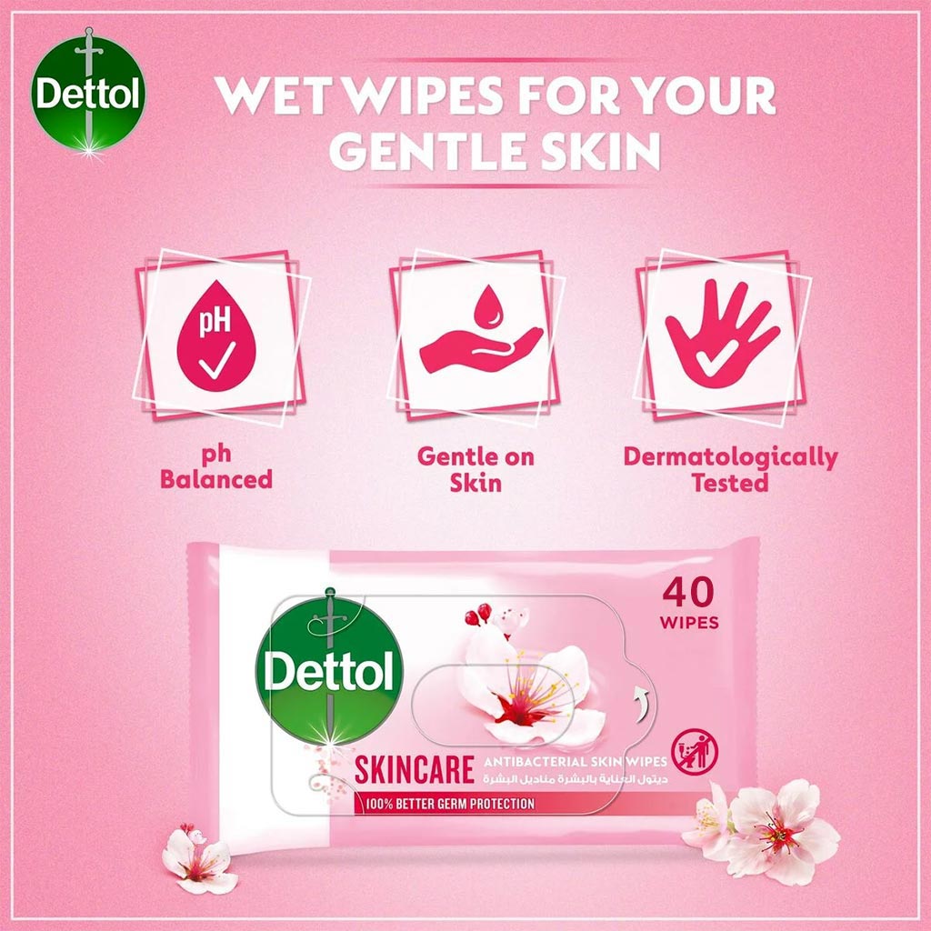 Dettol Skincare Antibacterial Skin Wetwipes, Pack of 40's