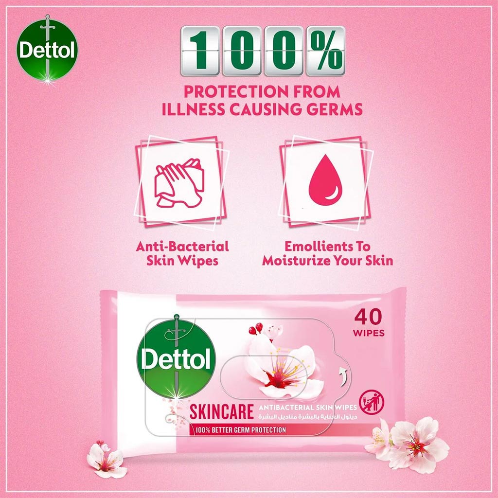 Dettol Skincare Antibacterial Skin Wetwipes, Pack of 40's