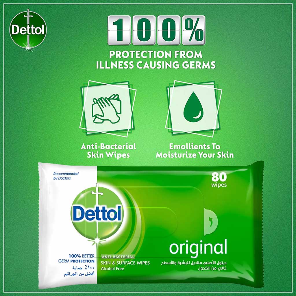 Dettol, Antibacterial Wet Wipes, Gentle cleansing and germ protection, 80 pcs