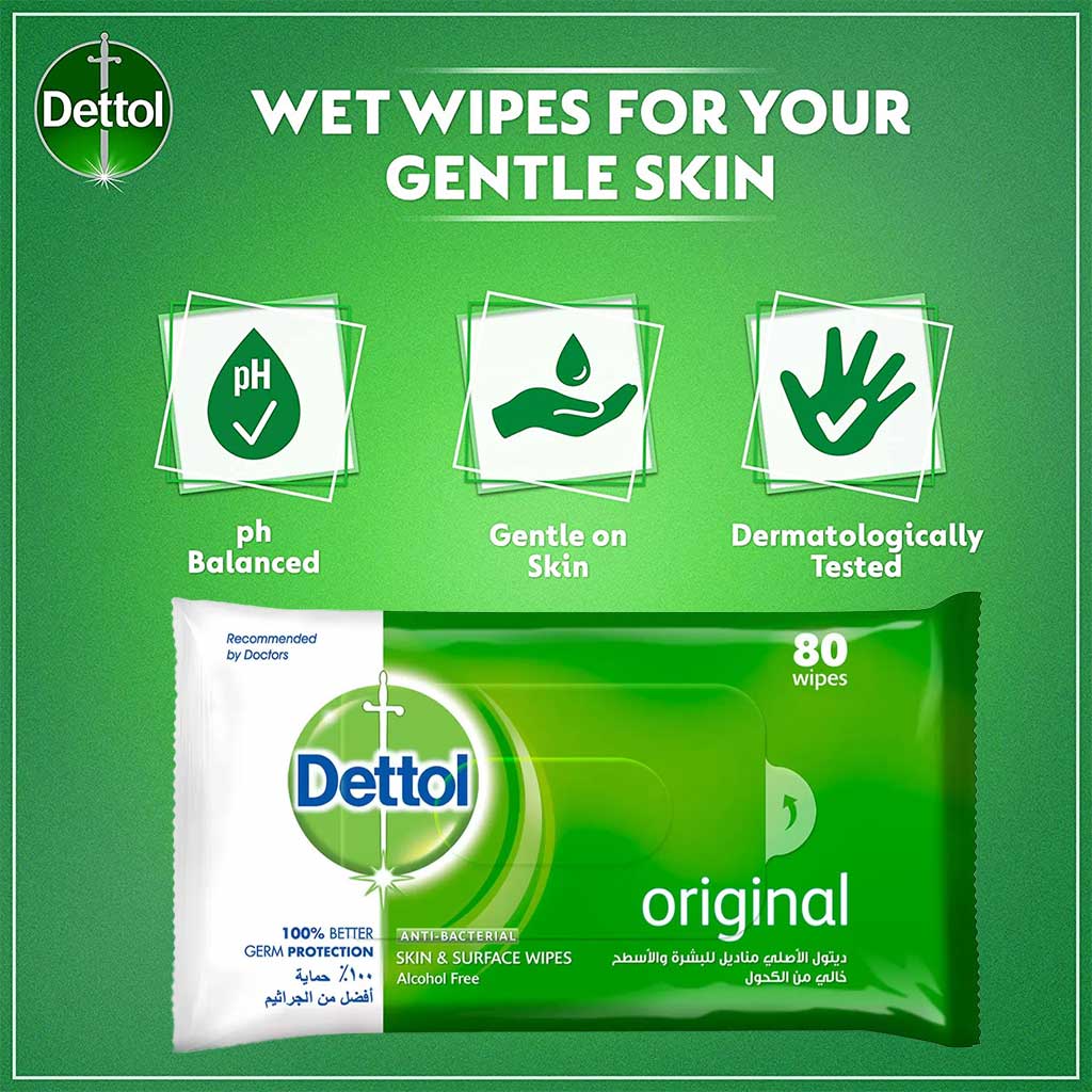 Dettol, Antibacterial Wet Wipes, Gentle cleansing and germ protection, 80 pcs