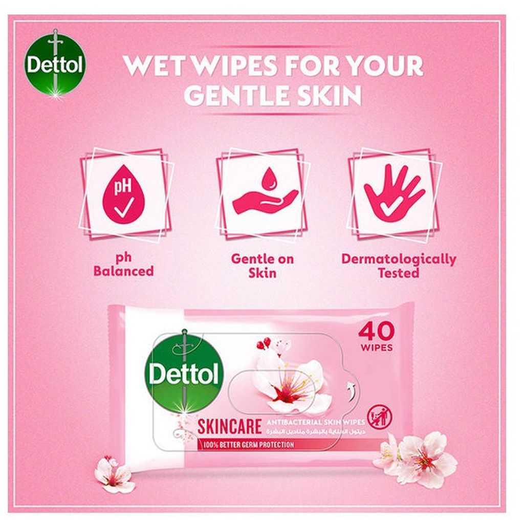 Dettol, Antibacterial skin wipes, Convenient antibacterial wipes for hand and skin hygiene, 40 wipes