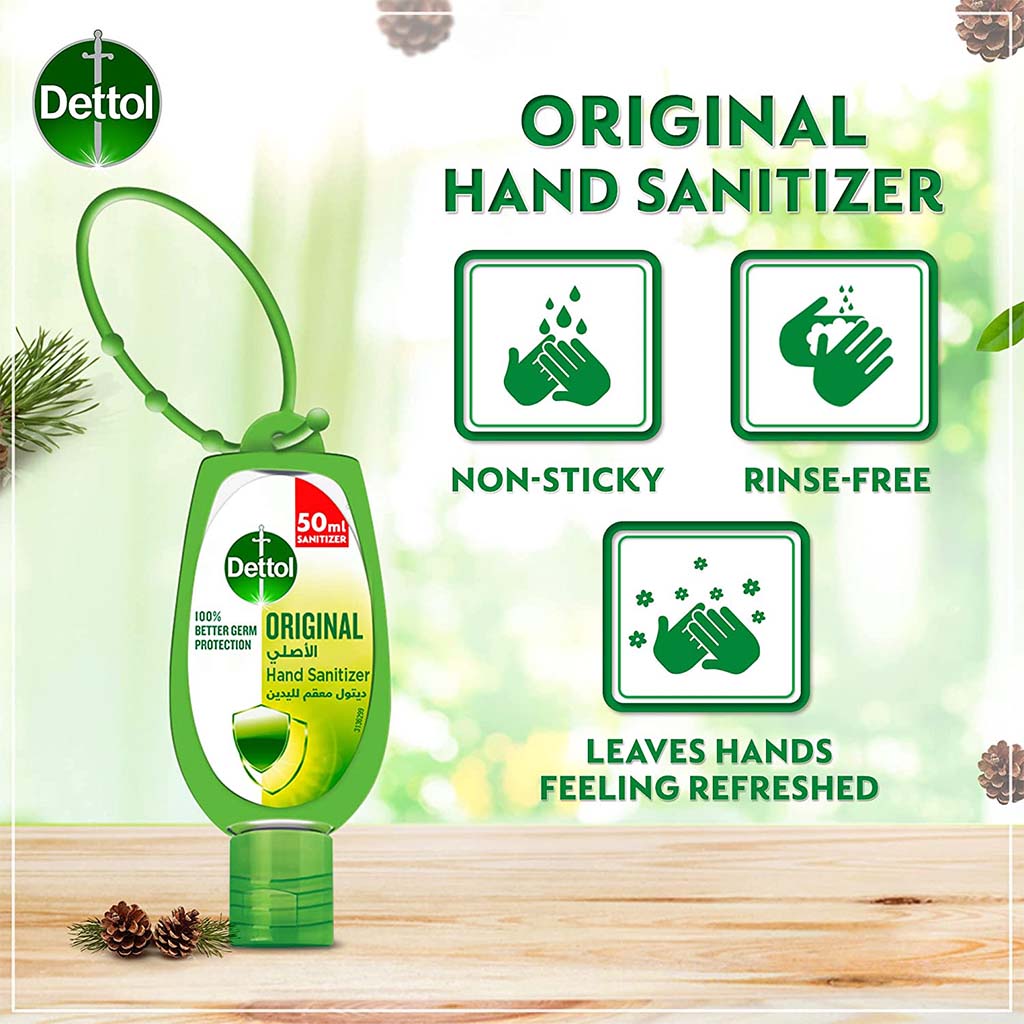 Dettol, Original Rinse Free Instant Hand Sanitizer Gel with Jacket, Portable antibacterial hand gel for quick sanitizing, 50ml