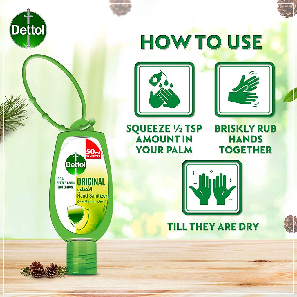 Dettol, Original Rinse Free Instant Hand Sanitizer Gel with Jacket, Portable antibacterial hand gel for quick sanitizing, 50ml