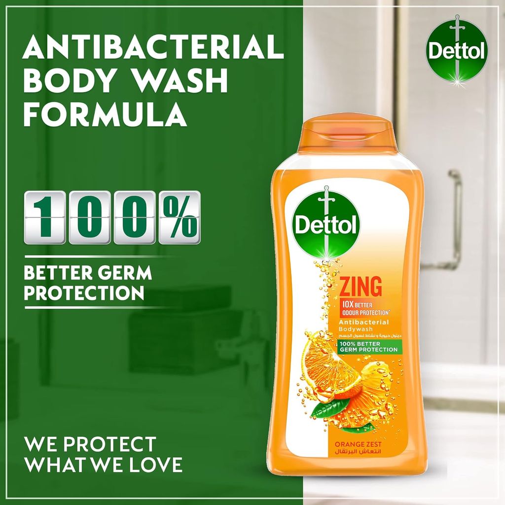Dettol, Zing Antibacterial Bodywash Orange Zest, Energizing antibacterial bodywash with fresh orange scent, 250ml