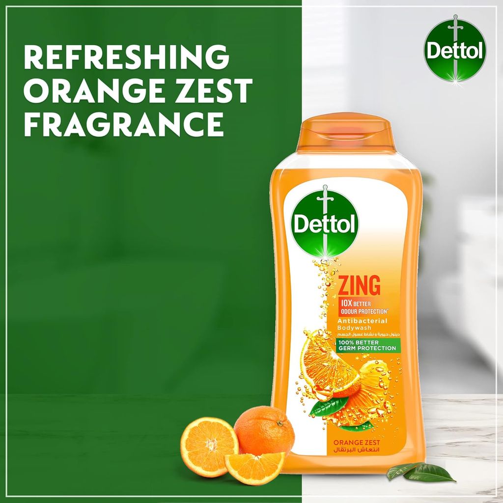 Dettol, Zing Antibacterial Bodywash Orange Zest, Energizing antibacterial bodywash with fresh orange scent, 250ml