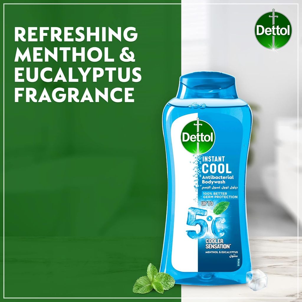 Dettol, Instant Cool Antibacterial Bodywash Menthol & Eucalyptus, Cooling antibacterial bodywash with menthol and eucalyptus, 250ml