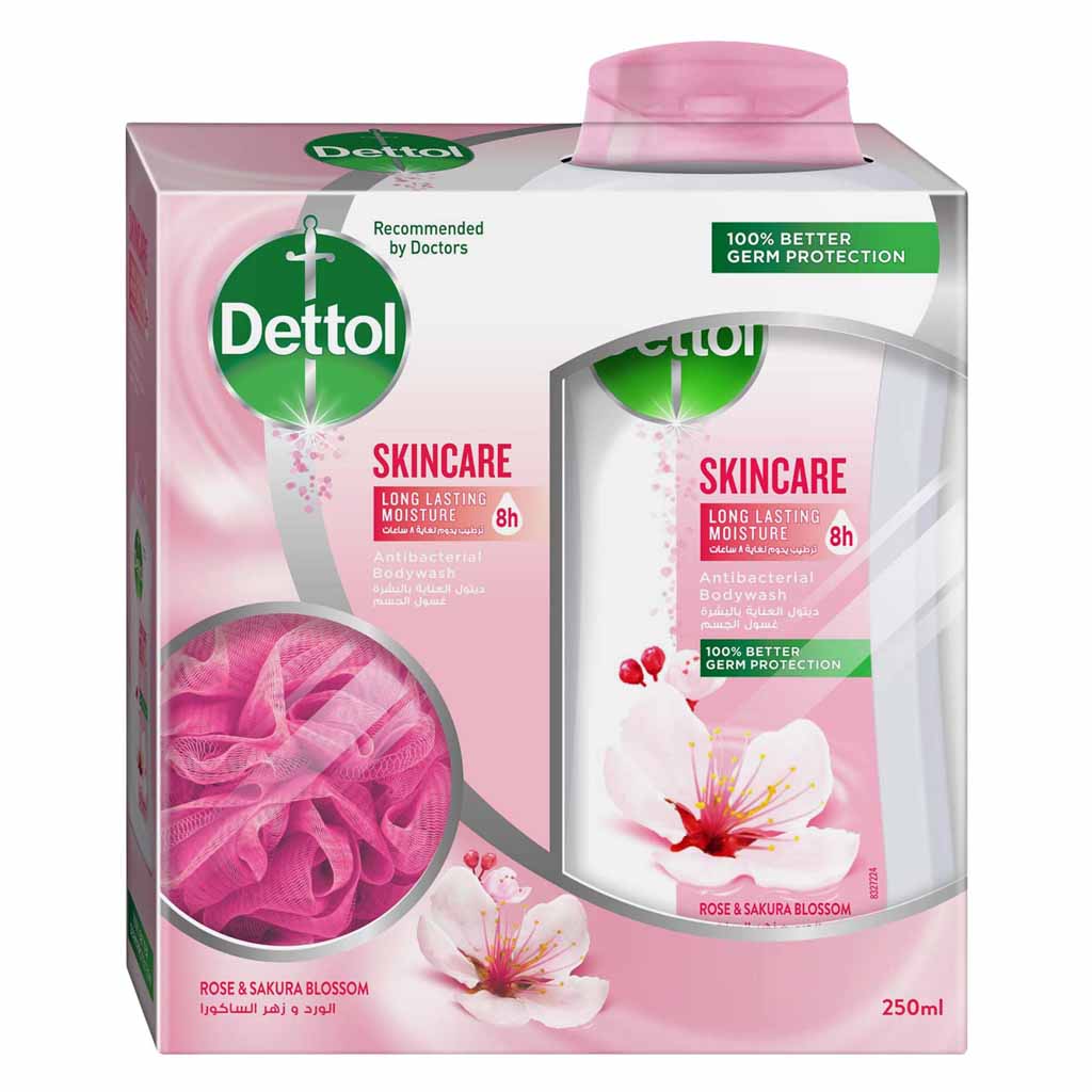 Dettol Skin Care Rose And Sakura Blossom Anti-Bacterial Body Wash 250ml  Puff