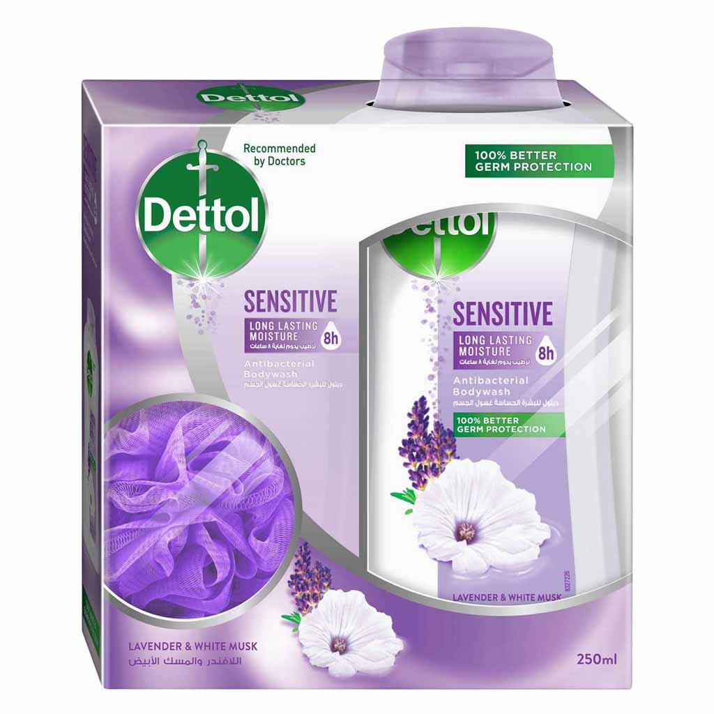 Dettol, Sensitive Lavender and White Musk Anti-Bacterial Body Wash, Gentle antibacterial body wash with soothing fragrance, 250 ml
