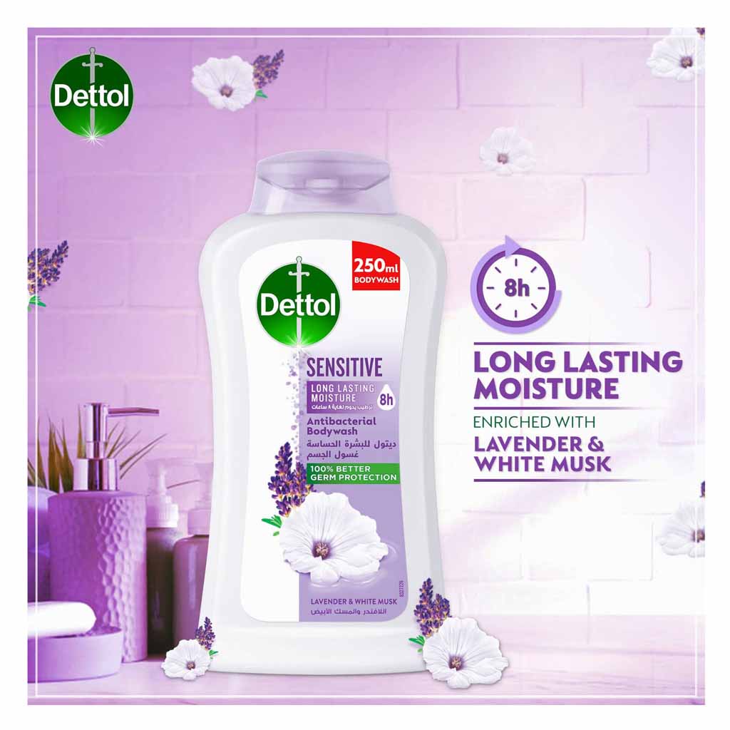 Dettol, Sensitive Lavender and White Musk Anti-Bacterial Body Wash, Gentle antibacterial body wash with soothing fragrance, 250 ml