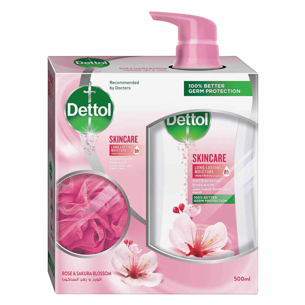 Dettol Skin Care Long Lasting Anti Bacterial Rose And Sakura Blossom Body Wash 500ml  Puff