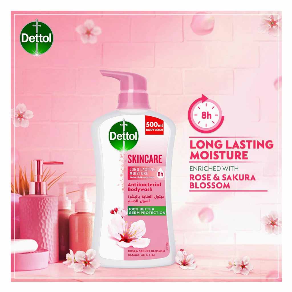 Dettol Skin Care Long Lasting Anti Bacterial Rose And Sakura Blossom Body Wash 500ml  Puff