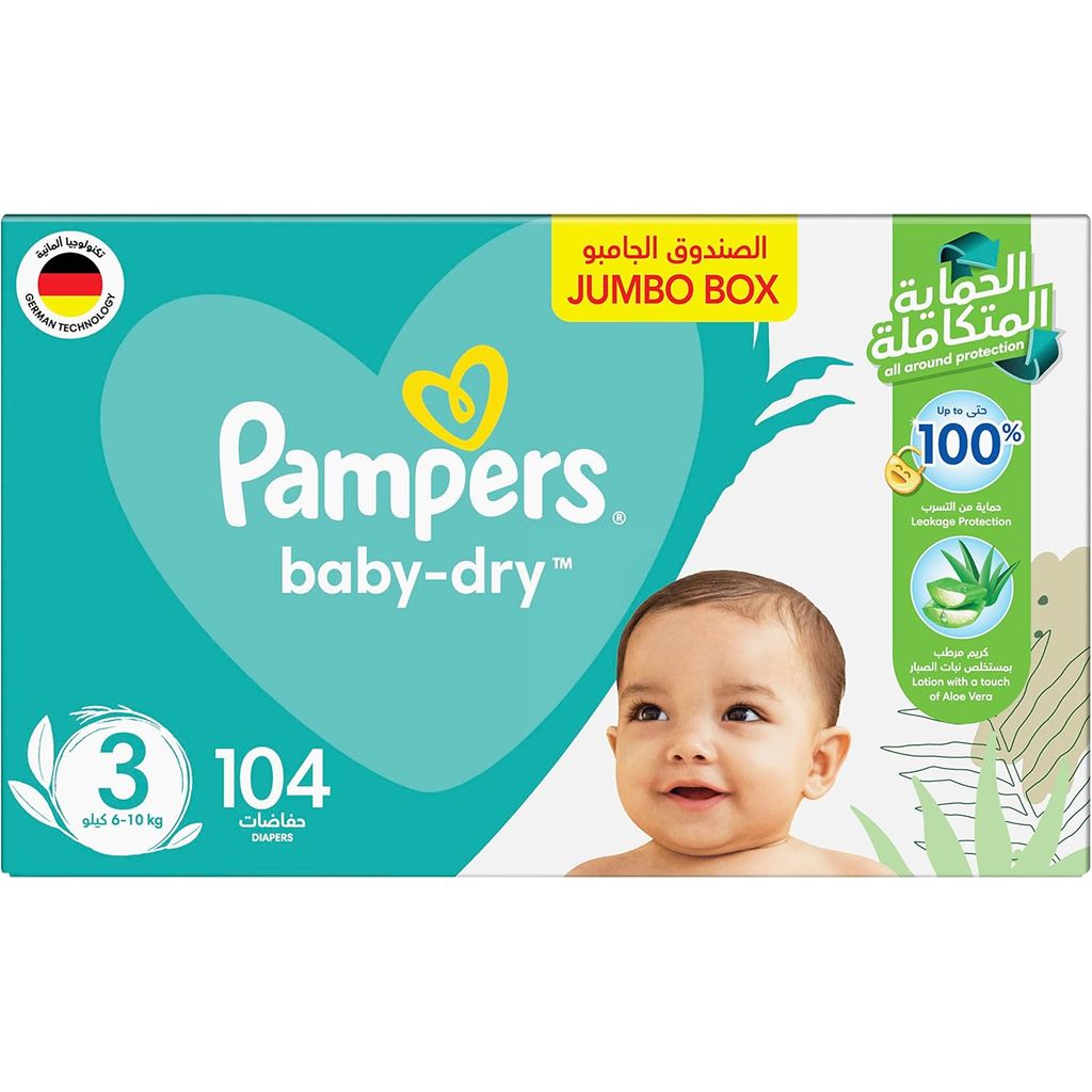 بامبرز بيبي دراي حفاضات، مقاس 3، لوزن 6–10 كغ، عبوة مكونة من 104 قطعة