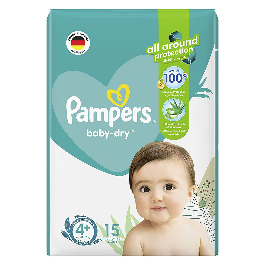 Pampers Baby-Dry Baby Diapers With Aloe Vera, , Size 4+, 10-, 15 Kg,  Pack Of 15'S