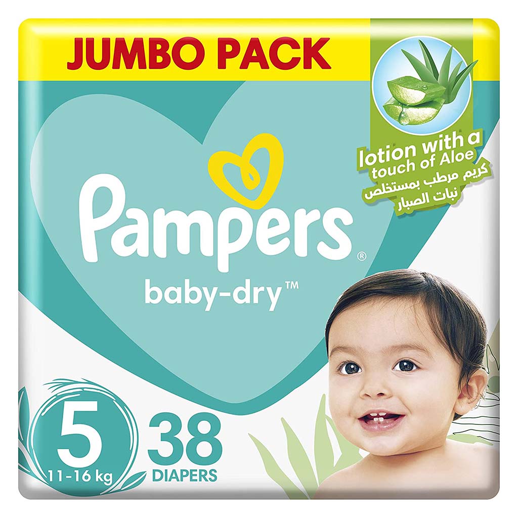 Pampers, Baby-Dry Diapers with Aloe Vera Size 5, Comfortable baby diapers with aloe vera for 11-16kg, 38 diapers